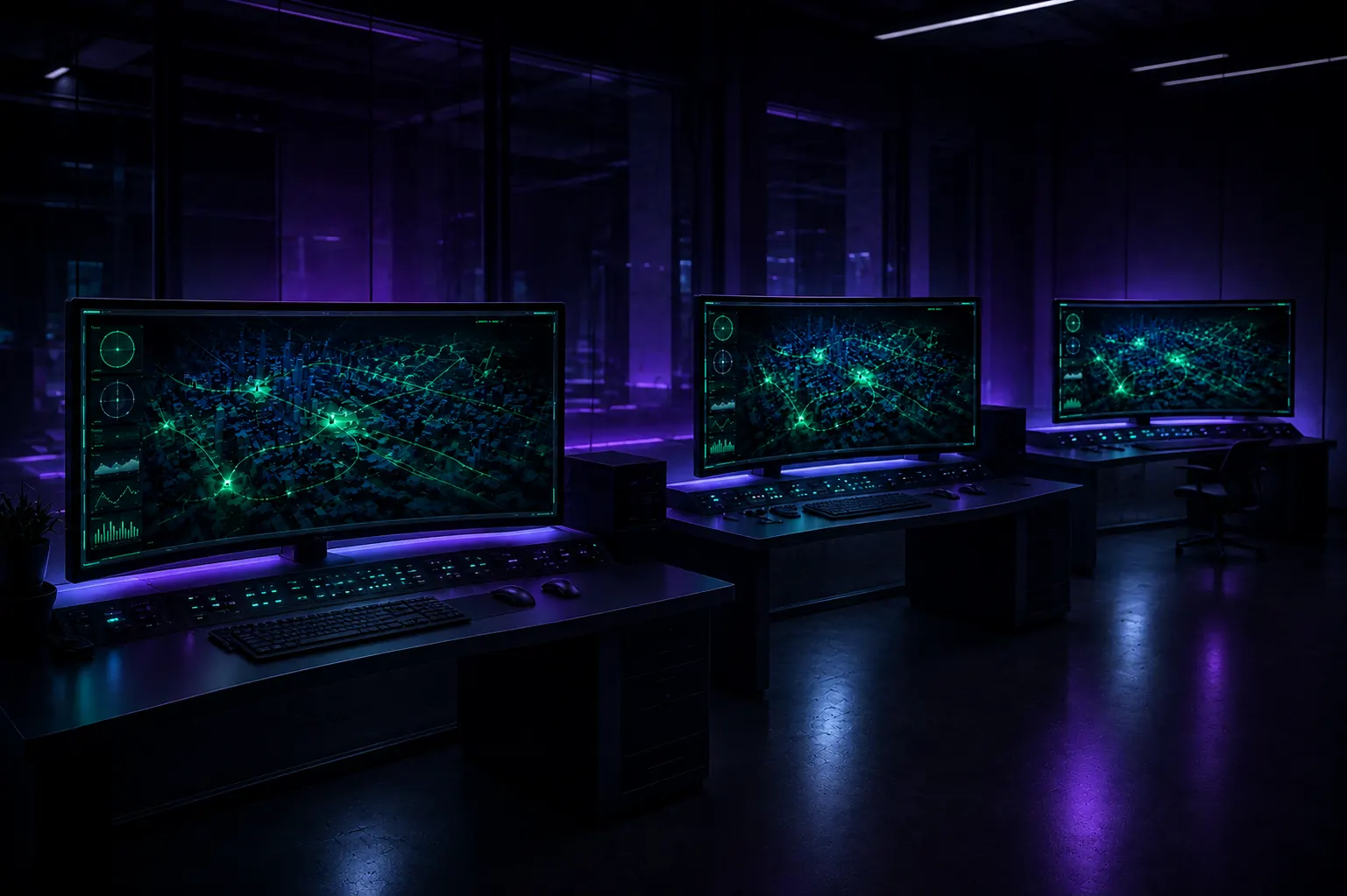 A SKYDOPS operations room at night: three consoles side by side, each showing the same live squad picture