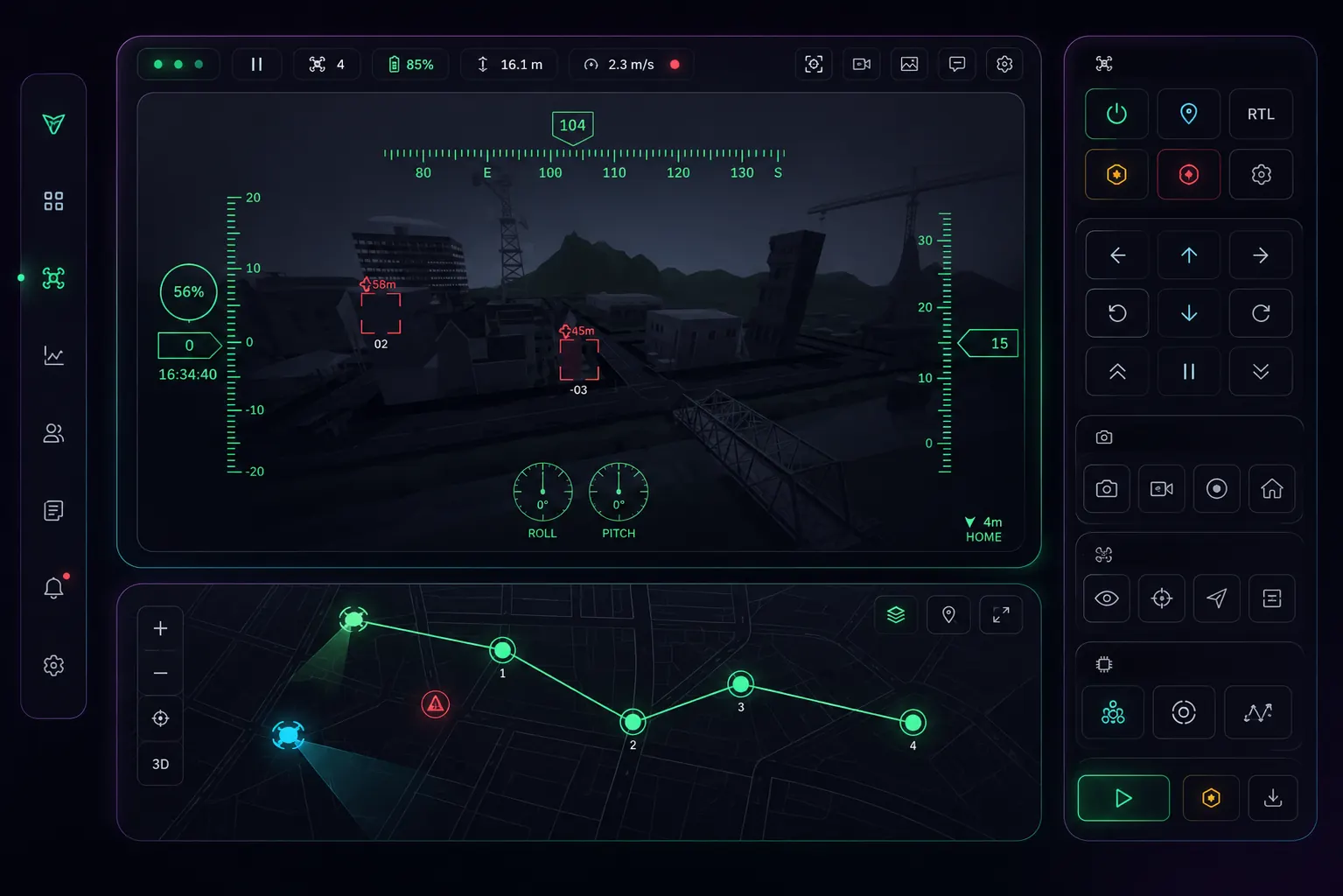 The SKYDOPS control view: a live feed with two locked targets, attitude and heading gauges, and the waypoint plan below