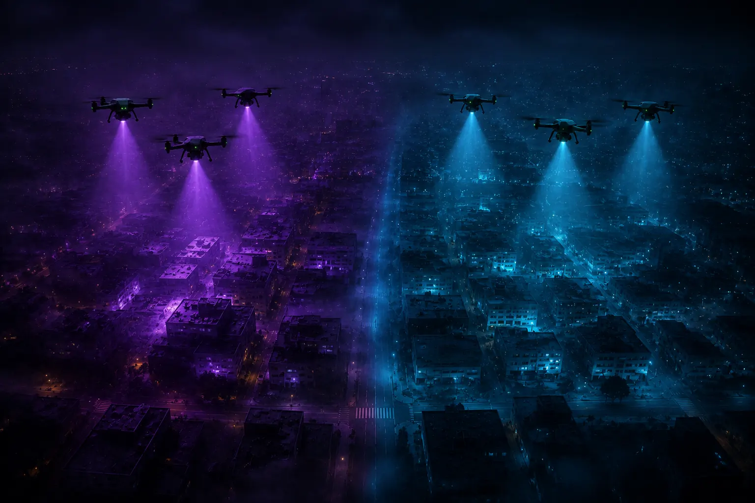 Two drone squads working adjacent areas of a city at night, each sweeping its own ground with a coloured search cone