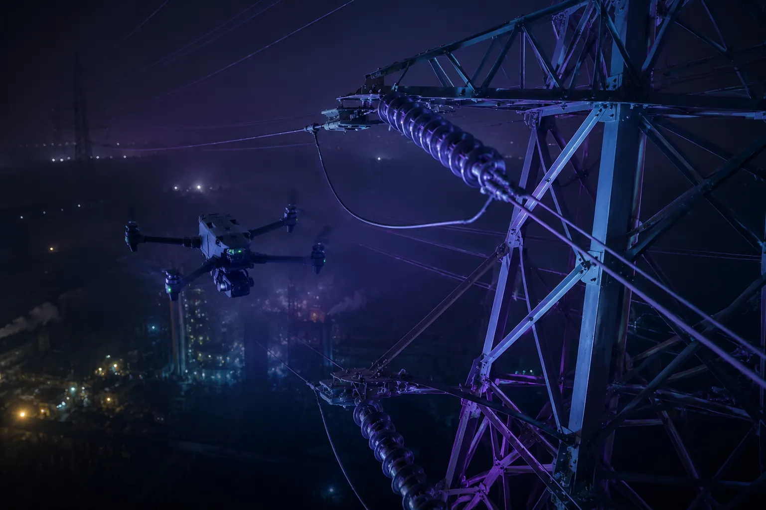 A drone inspecting the arms of a high-voltage transmission pylon at night