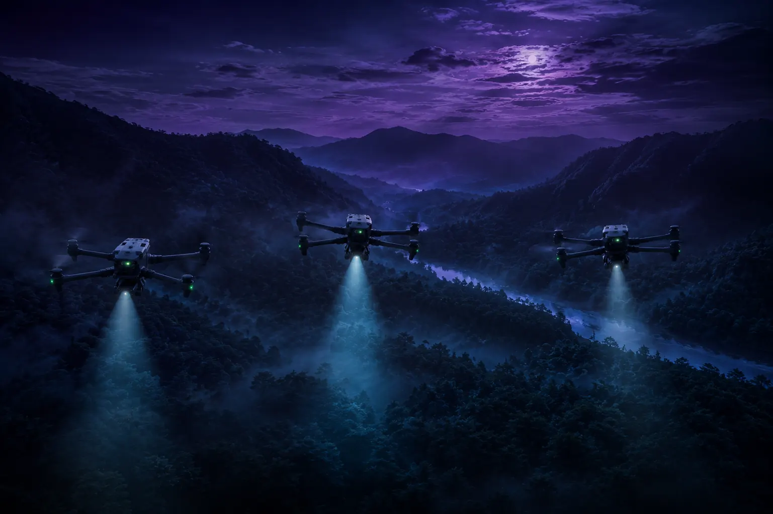 Three drones sweeping a forested valley at night with searchlights