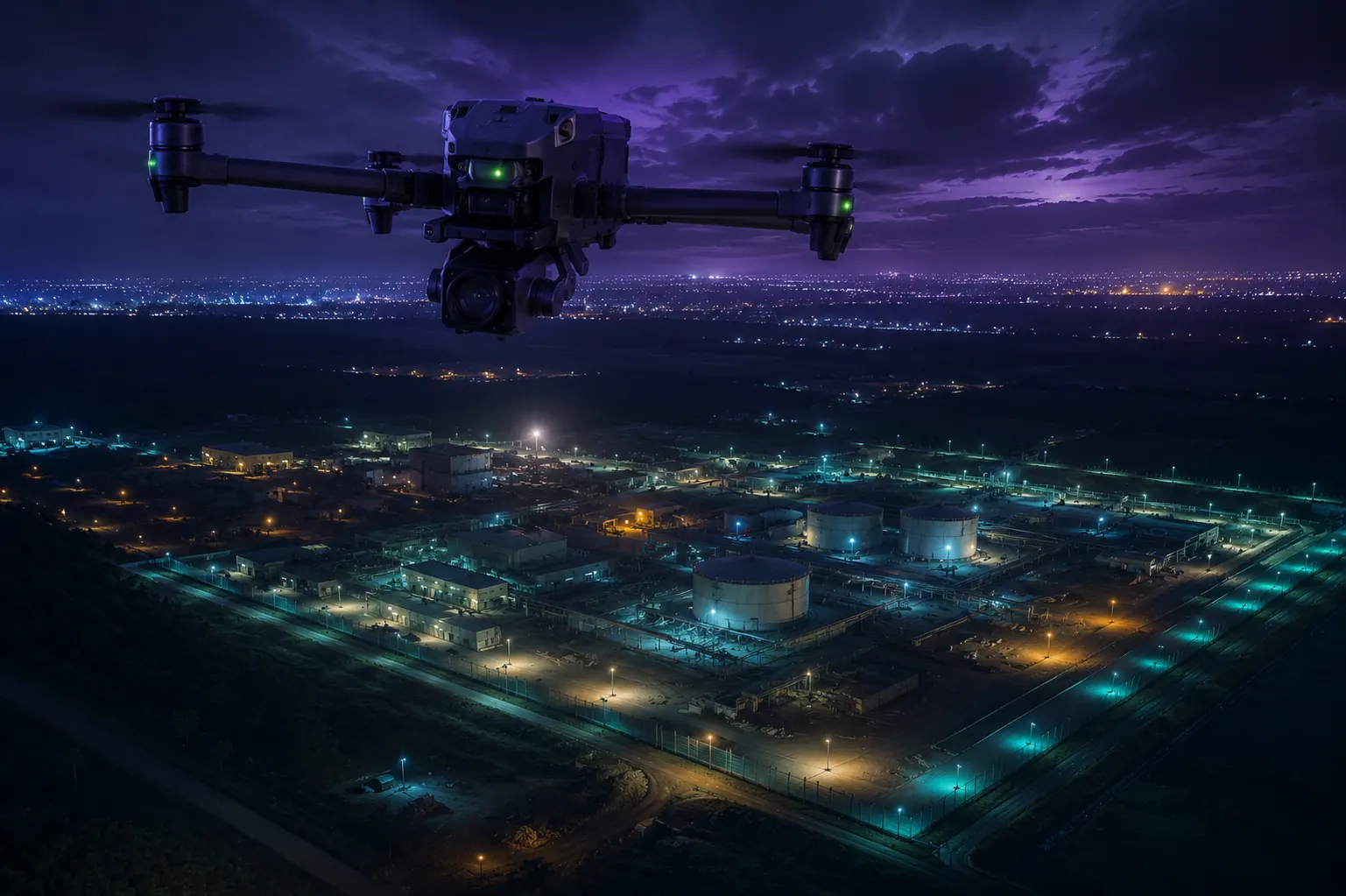 A drone holding overwatch above a lit industrial site, city lights on the horizon